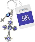 LUCKBOOSTIUM Evil Eye Car Hanging Ornament & Keychain Silver Cross w/Blue Crystal Rhinestones & Blue White Black Resin Sign of Good Luck & Blessing, Cute Charm for Home Keys, Office, Bag, Good Luck