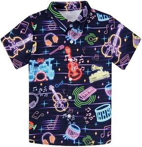 uideazone 7-8 Years Boys Hawaiian Neon Shirts Aloha Button Up Shirts Kids Novelty Short Sleeve Shirts 3D Musical Instruments Graphic Blouse Tops for Beach Party Size 7-8