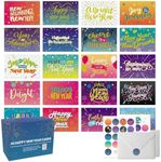 Dessie 40 Unique New Years Cards Boxed with Envelopes & Stickers, 4” x 6” Gold Foil Happy New Year Greeting Cards Assortment Box, Bulk Variety Pack