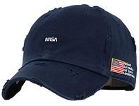 Flipper Mini NASA American Flag Side Patch Unconstructed Vintage Bullet Ripped Holes Washed Cotton Distressed Baseball Cap Dad Hat (Navy, Medium~Large (22 3/8"~ 23 1/8")), Navy, Medium-Large