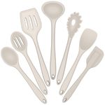 E-far Silicone Cooking Utensils Set, 7-Piece Khaki Heat Resistant Kitchen Utensils Set, Kitchen Nonstick Tools Spatula Ladle Spoon Pasta Server for Non-Stick Cookware, Non-Toxic & Dishwasher Safe