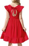 Flypigs Girls Dress Tie Back Flared Sleeve Ruffle Hem A-Line Sundress Casual Midi Dresses 4-12 Years