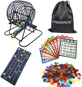 JUNWRROW Deluxe Bingo Set- Includes 1000 Colorful Chips with a Bag,100 Mixed Cards,75 Calling Balls with a Bag, 6 Inch Rotary Bingo Cage& Bingo Master Board,Bingo Storage Bag -Ideal for Large Groups