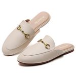 Minorsu Buckle Mules for Women Round Toe Backless Flat Mules Slides Mules Shoes Ladies Slip-on Loafers, Buckle-beige, 8 UK