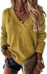 EVALESS Cable Knit Sweaters for Women Trendy Deep V Neck Long Sleeve Sweater Tops Fall 2024 Loose Fit Pullover Tops Yellow Medium