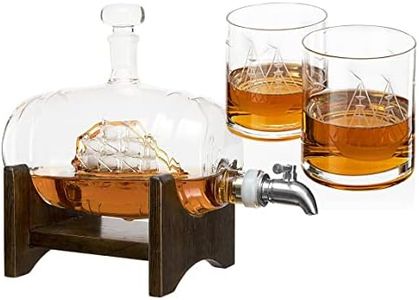 Whiskey Ship in a Barrel Decanter With Ship With 2-10 oz Glasses - By The Wine Savant, Whiskey & Wine Decanter Clear