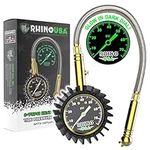 Rhino USA Heavy Duty Tire Pressure Gauge (0-75 PSI) - Certified ANSI B40.1 Accurate, Large 2" Easy Read Glow Dial, Premium Braided Hose, Solid Brass Hardware, Best for Any Car, Truck, Motorcycle, RV