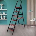 ZOLMIX Premium Ladder For Home| 6 Step Stairs For Home Use| Foldable Step Ladder, Firm Grip, Wide Anti Skid Steps Ladder For Home| Steel Sidi Non-slip Handgrip| Durable, Heavy Duty, Safe (Red- 6 Step)