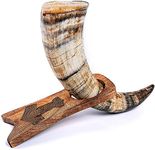 Norse Tradesman Genuine Ox-Horn Viking Drinking Horn with Solid Wood Stand Engraved with Thor's Hammer | Burlap Gift Sack Included | "The Mjolnir", Unpolished, 30 cm