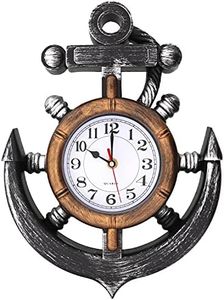 Anchor and Boat Wheel Wall Clock, Nautical Coastal Beach or Sea Theme Home Decor Silent, Non Ticking Sweep Movement
