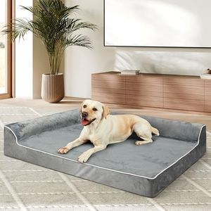 PaWz Orthopedic Dog Bed Pet Sofa Beds Velvet Anxiety for Medium Large Dogs, L-Shape Neck Support Egg-Crate Foam, Washable Dog Bed Mat Pad Dog Mattress Waterproof Lining Non-Skid Bottom, XX-Large, Grey