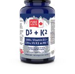 PURE D3+K2 Vitamin Supplement 180 Softgels - 6 Months Support, D3 1000IU + K2 MK7 120mcg with Organic Coconut Oil - Pure North Naturals - 3rd Party Tested & Proudly Canadian