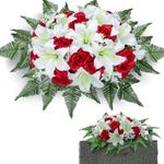 Artificial Headstone Flower Saddles for Graves, Cemetery Memorial Flowers for Outdoor Tombstone Decorations, Lily Rose Gerbera Mixed Saddle Flowers (White Lily, Saddle)