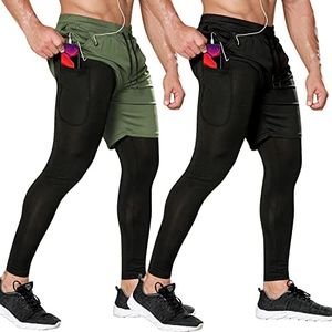 Odoland 2 Pack Mens Athletic Compression Running Pants, 2 in 1 Quick Dry Athletic Workout Sweatpants Shorts Gym Leggings with Pocket, Black/Army Green, XL