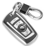 CTRINEWS for BMW Keychain with Leather Keychain, Advanced Soft TPU Surface Grain Key Fob Holder for Classic Style BMW Smart Key(Silver)