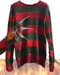 Bella Dox Adult Freddy Krueger Costume Red and Green Striped Jumper + Claw Glove Set Horror Killer Nightmare on ELM Street Halloween Cosplay Fancy Dress (M)