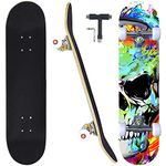 CAPARK Skateboards for Beginners Adults Youths Teens Kids Girls Boys 31 Inch Pro Complete Skate Boards 7 Layer Canadian Maple Double Kick Concave Longboards (Colorful Skull)