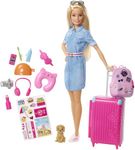 ​Barbie Travel Doll, Blonde, with Puppy, Opening Suitcase, Stickers and 10+ Accessories, for 3 to 7 Year Olds