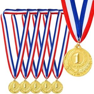 Juvale 6-Pack 1st Place Winner Gold Medals for All Ages, Participation Awards with 15.5-Inch Red, White, and Blue Ribbon for Sports, Tournaments, Competitions (Metal, 2 in)