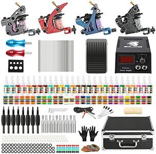 Solong Complete Tattoo Kit 4 Pro Machine Guns 54 Inks Power Supply Foot Pedal Needles Grips Tips Carry Case TK456-US