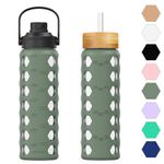 HYDRAGLAZIC 700ML Glass Water Bottle with 2 Flip and Bamboo Straw Lids Sports Water Tumbler with Time Reminder and Silicone Sleeve Leak-proof BPA Free, Oliver