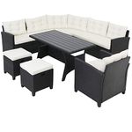 Casaria Poly Rattan Garden Furniture | WPC Dining Table Set | Outdoor Patio Conservatory Corner Sofa | Wicker Lounge Bench Seating | 9 Seater | Black With Cream Cushions