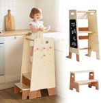 ROBUD Toddler Tower with Removable Step Stool, 2-in-1 Wooden Learning Tower for Kids with Blackboard, 3 Adjustable Height, Toddler Helper for Kitchen Bathroom Step Stool Kids 2-6 Year Old