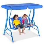 HONEY JOY Kids Patio Swing, 2-Seater Outdoor Porch Swing Lounge Chair W/Canopy & Safety Belt, All Weather Resistant Waterproof Hanging Swing Bench for Patio Garden Poolside Balcony (Blue)