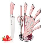 Kitchen Knife Set, 9-Pieces Pink Sharp Non-Stick Coated Chef Knives Block Set,Stainless Steel Knife Set for Kitchen with Sharpener for Cutting Slicing Dicing Chopping (Pink)