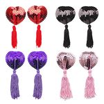 4Pair Nipple Pasties with Tassel Womens Sequin Tassels Breast Sticker Reusable Pasties Nipple Covers for Black Pink Red Gold