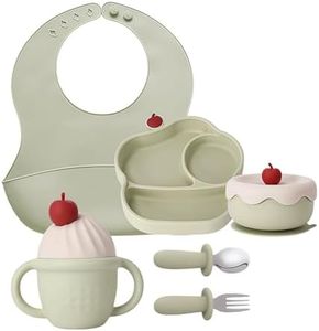 COZY ROCK Silicone Baby Feeding Set, Gelato Collection Baby Led Weaning Supplies, First Self-Feeding Set with Suction Bowl & Plate, Sippy Cup & Bib, Fork & Spoon - Green