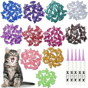 MiiOUU 100 pcs Cat Nail Caps | Cat Claw Covers with Adhesives and Applicators | 5X Different Glitter Colors (L)