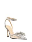 MissHeel Clear Rhinestone Ankle Strap Pumps Heels with Crystal Double Bows 3 inch, Clear, 8.5