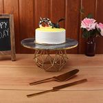 NikkisPride Cake Stand with Gold Finish Metal Base, Black Marble Top with Cake Cutlery Pieces Set of 3