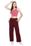 CUPID Women's High Rise Cotton Straight Pant,Stretchy Parallel Leg Pyjama for Night wear_ Wine_L