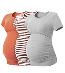 LAPASA Women's Maternity Tops, Soft Modal Cotton Pregnancy Tshirts, Side Ruched Crew Neck Short Sleeve Tees L55, Multicolor 4, L