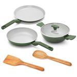 Ember Cookware Arcilla Ceramic Non Stick Cookware Set of 3 | Frying Pan 24cm, Kadai 2.6 Litre with Glass Lid & Tawa 28cm | Non Toxic Ceramic Cookware Gift Set | ISI Certified | PFAS PTFE Free | Green