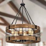 6-Light Farmhouse Wood Chandelier for Dining Room, Rustic Foyer Light Fixtures, Industrial Drum Hanging Lights for Kitchen Island Entryway, Nature Wood Texture and Black Metal Finish