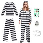 6 Pcs Adult Prisoner Costume Women Vintage Striped Jail Costume Halloween Party Cosplay Convict Inmate Uniform