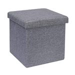 Bonlife Grey Small Ottoman Storage Box with Lid,Foot Rest Stool with Storage,Linen Toy Chest Box,Folding Footstool Cube Seat for Living Room 11.8"