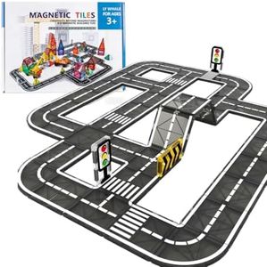 Magnetic Tiles Road Set for Kids, 41 PCS Magnetic Building Blocks with Car Toys, Construction Magnetic Blocks Toys, Boys Gifts