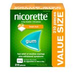 Nicorette Quit Smoking Aid, Nicotine Gum smoking cessation aid, Fresh Fruit, 2mg, 210 Pieces Value Size