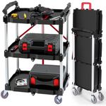 Foldable Utility Service Cart, 3 Shelf 165LBS Heavy Duty Rolling Cart with 360° Swivel Wheels (2 with Brakes),Portable Garage Tool Cart for Warehouse Office Home