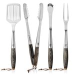 Grillaholics Premium BBQ Grill Tools - Luxury 4-Piece Barbecue Utensils Grill Set - Wooden Gift Box Includes Barbeque Tongs, Meat Fork, Grill Spatula & Basting Brush - Lifetime Manufacturers Warranty