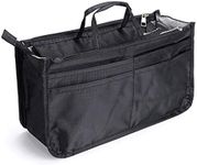 IGNPION Printed Insert Handbag Purse Organiser 13 Pockets Expandable Liner Bag Pouch Zipper Closure Tote Organiser Diaper Bag Insert with Handle (29x 16x 9cm) (Black)