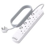 1.8M Extension Lead, 4 Way Socket Outlets Power Strips with 4 USB, 1050J Surge Protection Multi Plug Extension with Braided Extension Cable for Home, Office, Individually Switched, White