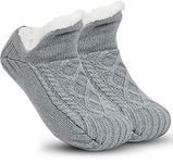 Grey Slipper Socks for Women Men Girls, Fluffy Warm Socks Knitted Thick Fleece Lined Grippers Non Slip Socks Soft Cozy Winter Home House Bed Floor Slipper Socks