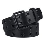 Alphyly Neries Mens Grommet Leather Belts, Double Prong Buckle Belt, Vintage Punk Jeans Belts, Black Belt For Waist Under 32''