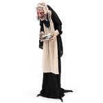 Tangkula 5.2FT Halloween Animated Standing Greeter Old Lady with Candy Dish, Animatronic Halloween Decoration with Pre-Recorded Creepy Sound, Glowing Red Eyes, Ideal for Scary Halloween Holiday