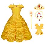 Vicloon Princess Belle Costume Dress,9 Pcs Little Girl Princess Dresses Fancy Party Dress with Crown Wand Gloves Necklace Ring and Earrings Yellow